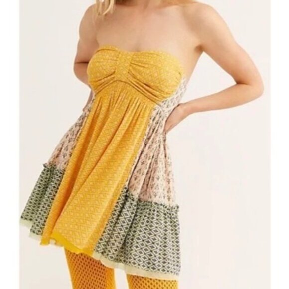 FREE PEOPLE Across The Sea Tunic Sz L Floral Yellow Green Colorblock Sweetheart - Picture 7 of 12